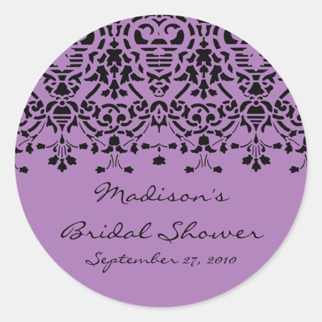 Elegant Purple & Black Damask Bride Shower Sticker (Front)