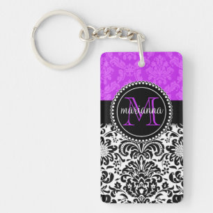 Elegant Purple Black Damask Personalised Key Ring