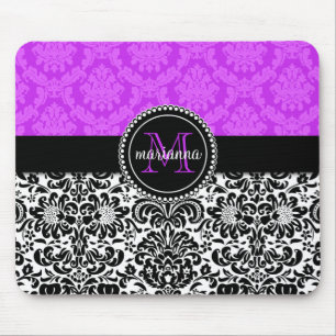 Elegant Purple Black Damask Personalised Mouse Mat