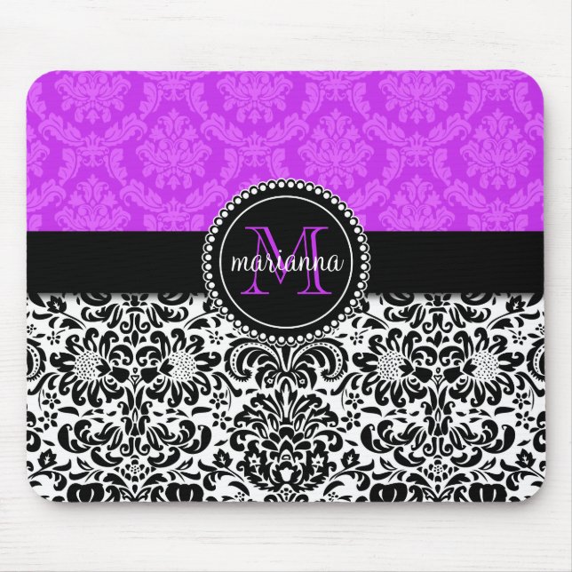 Elegant Purple Black Damask Personalised Mouse Mat (Front)