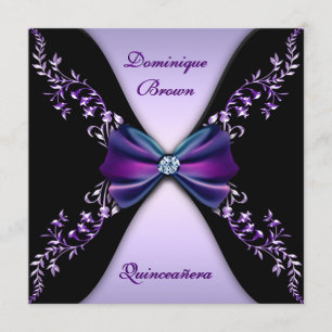 Elegant Purple Black Diamond Bow Quinceanera Invitation