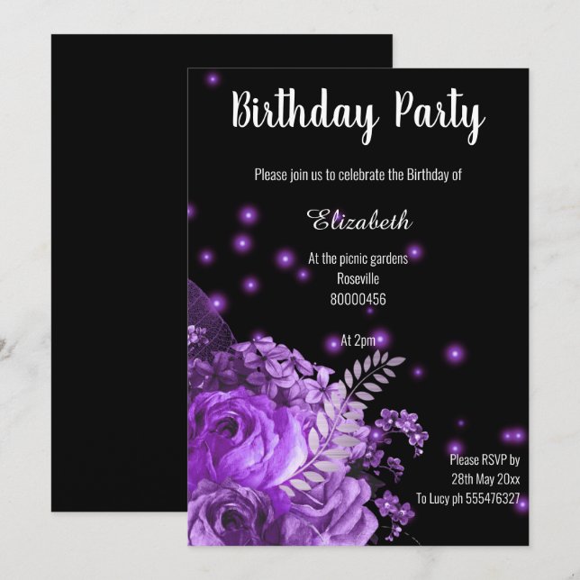 ELEGANT PURPLE BLACK FLORAL BIRTHDAY INVITATION (Front/Back)
