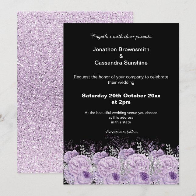 ELEGANT PURPLE BLACK FLORAL GLITTER WEDDING INVITATION (Front/Back)