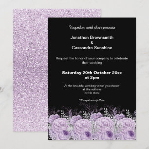 ELEGANT PURPLE BLACK FLORAL GLITTER WEDDING INVITATION