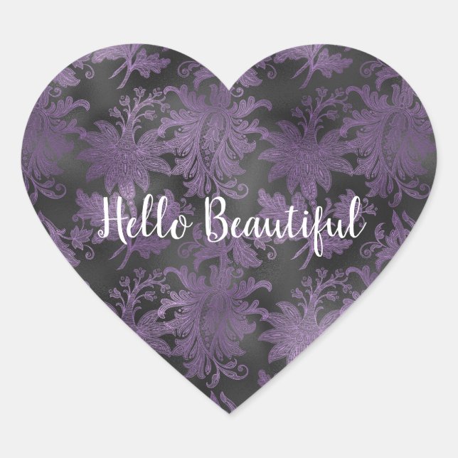 Elegant Purple Black Floral Heart Sticker (Front)