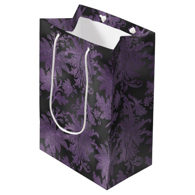 Elegant Purple Black Floral Medium Gift Bag (Front Angled)