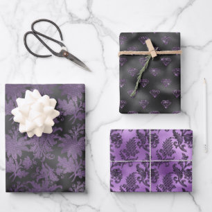 Elegant Purple Black Floral Wrapping Paper Sheet