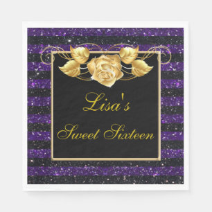 Elegant Purple Black Glitter Gold Rose Sweet 16 Napkin