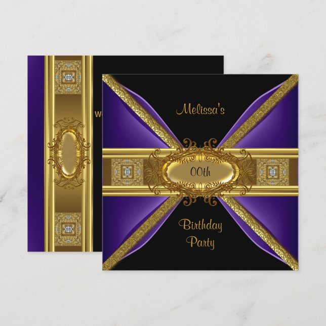 Elegant Purple Black Gold Birthday Party Invitation (Front/Back)