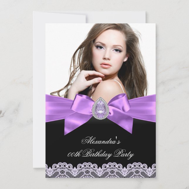 Elegant Purple Black Jewel Photo Birthday Party Invitation (Front)