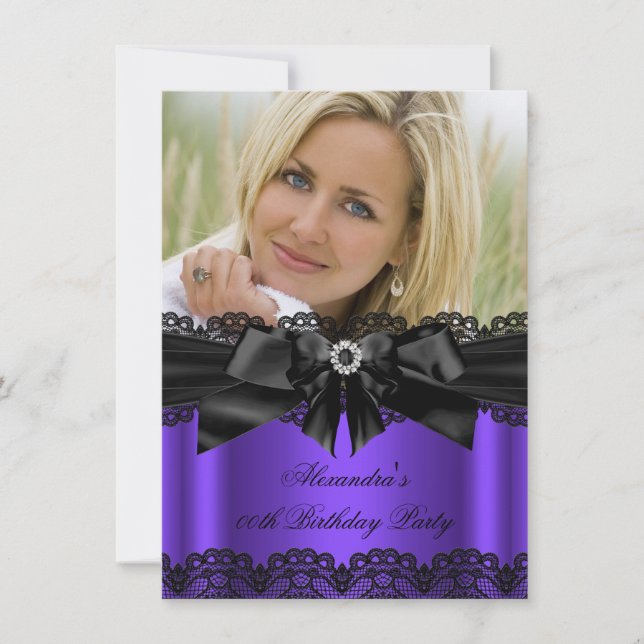 Elegant Purple Black Lace Diamond Bow Birthday Invitation (Front)