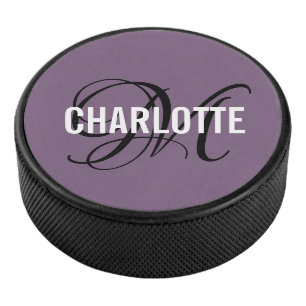 Elegant purple black monogram name hockey puck