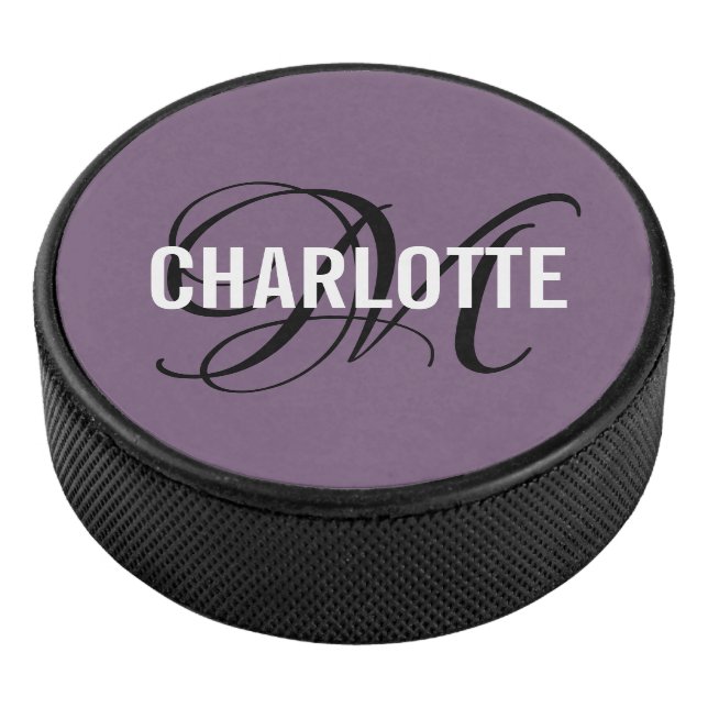 Elegant purple black monogram name hockey puck (3/4)