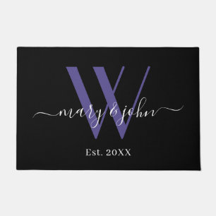 Elegant Purple Black Monogram Script Names Wedding Doormat