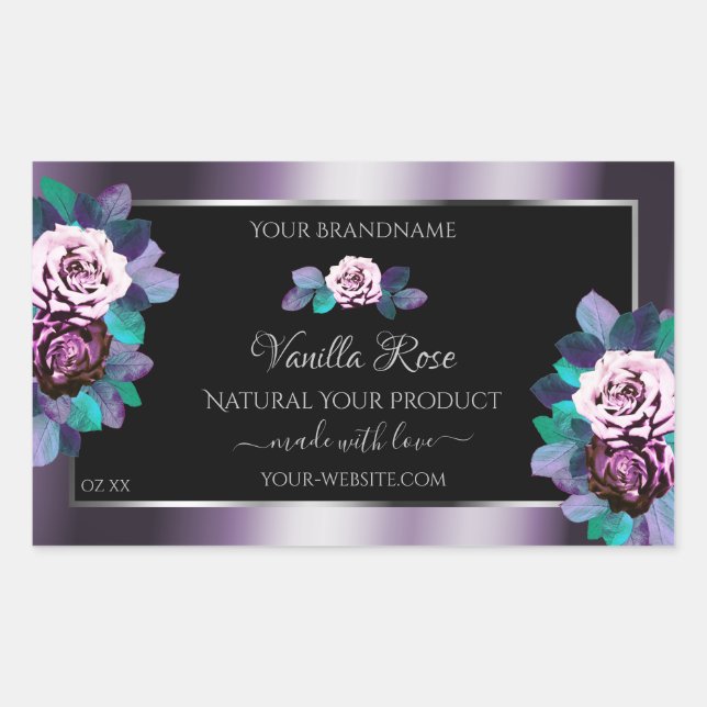 Elegant Purple Black Product Label Flourish Floral (Front)