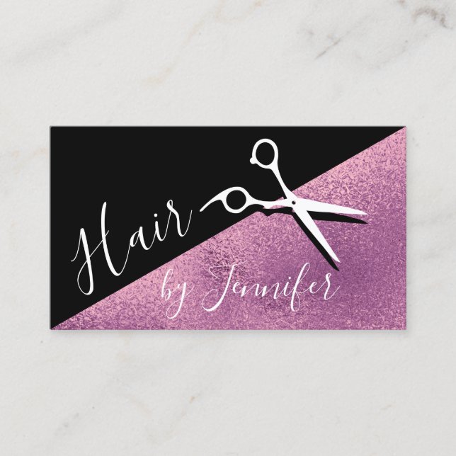 Elegant purple & black scissors hairstylist business card (Front)