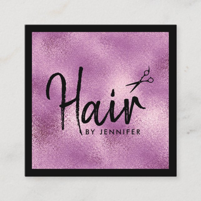 Elegant purple & black scissors hairstylist square business card (Front)