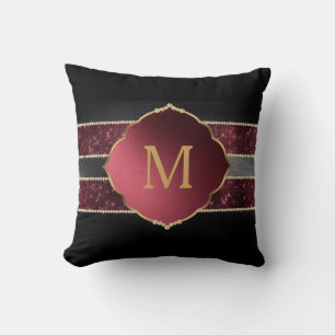 Elegant Purple Black Stripes Gold Monogrammed Cushion