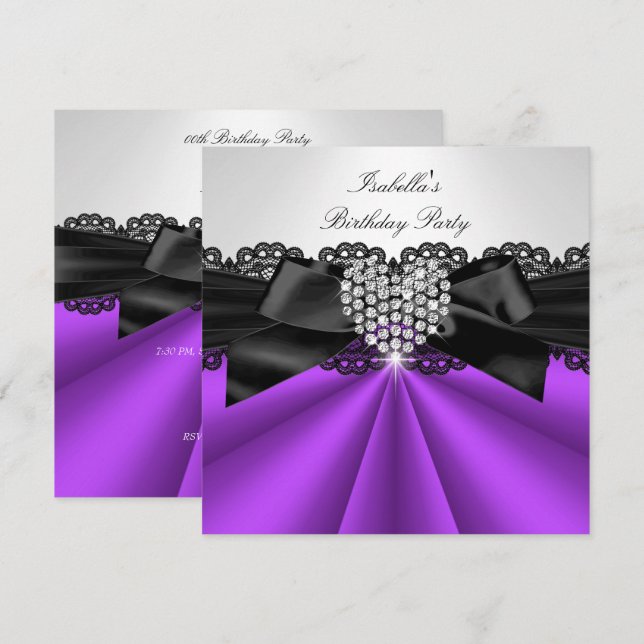 Elegant Purple Black White Diamond Birthday Party Invitation (Front/Back)