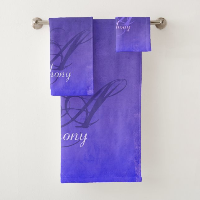 Elegant Purple Blue Black rustic monogram Bath Towel Set (Insitu)