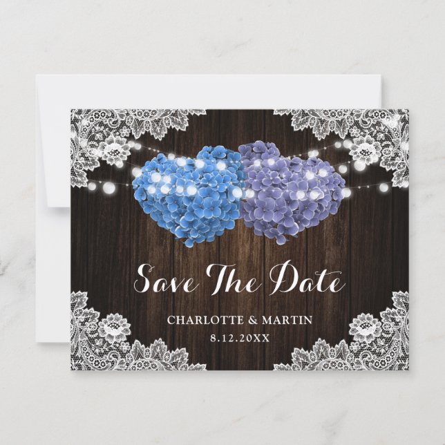 Elegant Purple Blue Floral Lace Wood Wedding Save The Date (Front)
