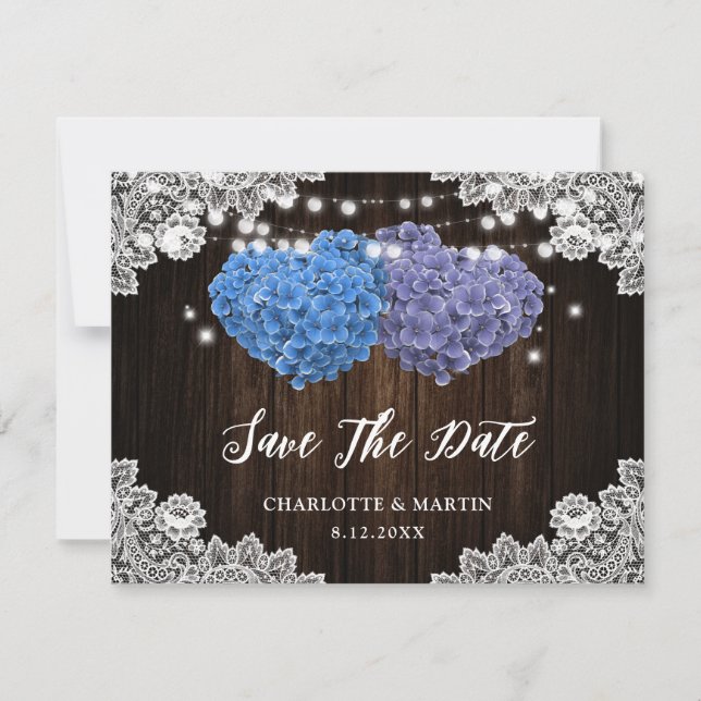 Elegant Purple Blue Floral Lace Wood Wedding Save The Date (Front)