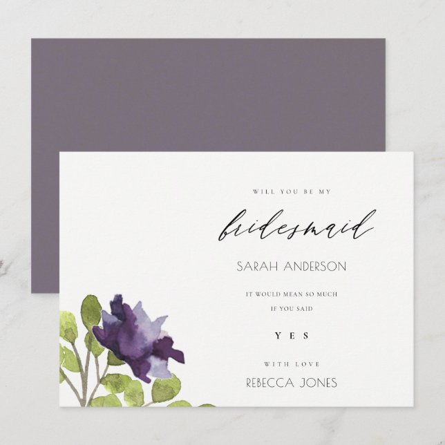 ELEGANT PURPLE BLUE FLORAL WATERCOLOUR BRIDESMAID INVITATION (Front/Back)