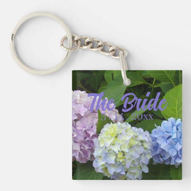 elegant purple blue florals hydrangeas the Bride Key Ring (Front)