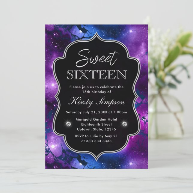 Elegant Purple & Blue Galaxy Marble Sweet Sixteen Invitation (Standing Front)