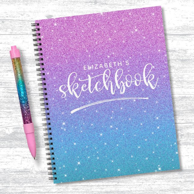Elegant Purple Blue Glitter Ombre Sketchbook Notebook (A cute pupuple and blue glitter sketchbook. Personalize it with your name.)