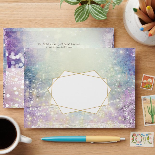 Elegant Purple Blue Gold Geometric Wedding Envelope (Desk)
