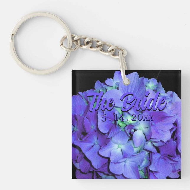 Elegant Purple blue Hydrangeas florals the Bride Key Ring (Front)