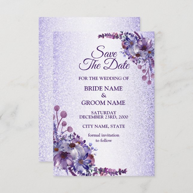 Elegant Purple Blue Pink Floral Glitter Wedding Save The Date (Front/Back)