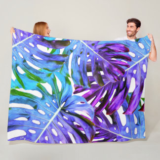 Elegant Purple Blue Tropical Monstera Leaf Pattern Fleece Blanket