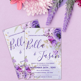 Elegant Purple Blue Watercolor Floral  Wedding Invitation