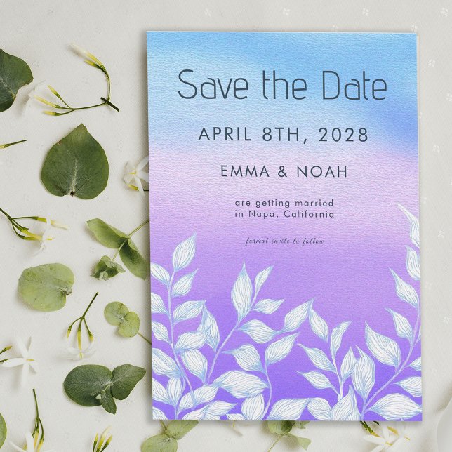 Elegant Purple Blue Watercolor Leaf Wedding Save The Date (Creator Uploaded)