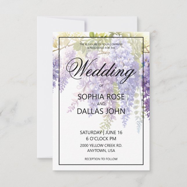 Elegant purple blue watercolor wisteria wedding invitation (Front)