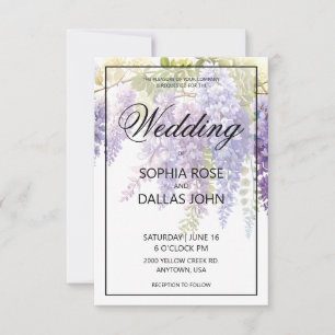 Elegant purple blue watercolor wisteria wedding invitation