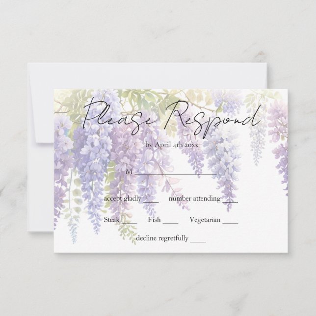 Elegant purple blue watercolor wisteria wedding RSVP card (Front)