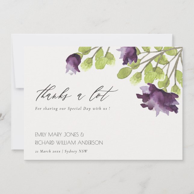 ELEGANT PURPLE BLUE WATERCOLOUR FLORAL THANK YOU (Front)