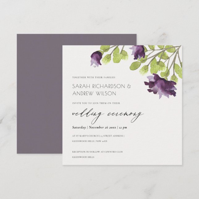 ELEGANT PURPLE BLUE WATERCOLOUR FLORAL WEDDING INVITATION (Front/Back)