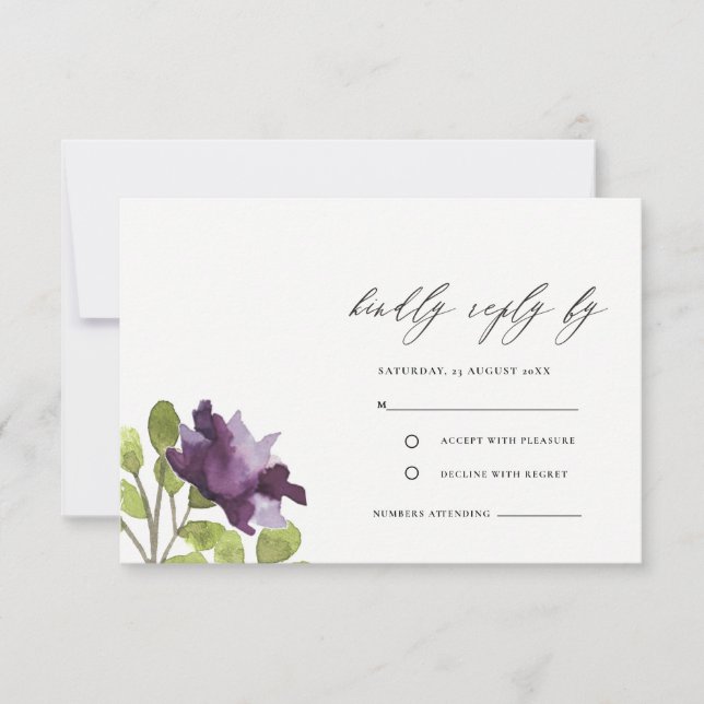 ELEGANT PURPLE BLUE WATERCOLOUR GOLD FLORAL RSVP INVITATION (Front)