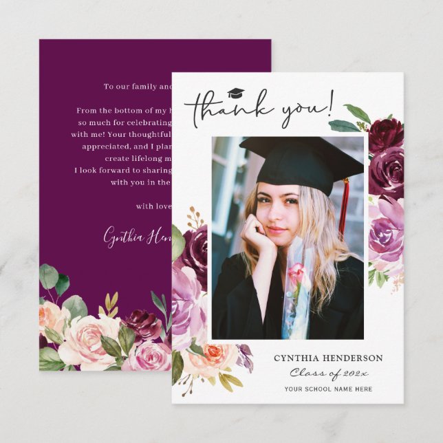 Elegant Purple Blush Floral Graduation Photo Thank You Card (Front/Back)