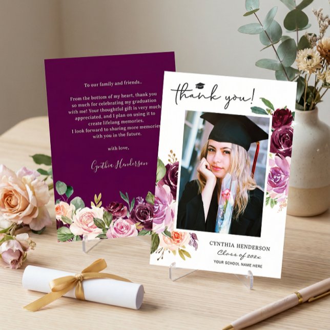 Elegant Purple Blush Floral Graduation Photo Thank You Card (Creator Uploaded)