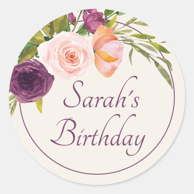 Elegant Purple Blush Pink Floral Birthday Classic Round Sticker (Front)
