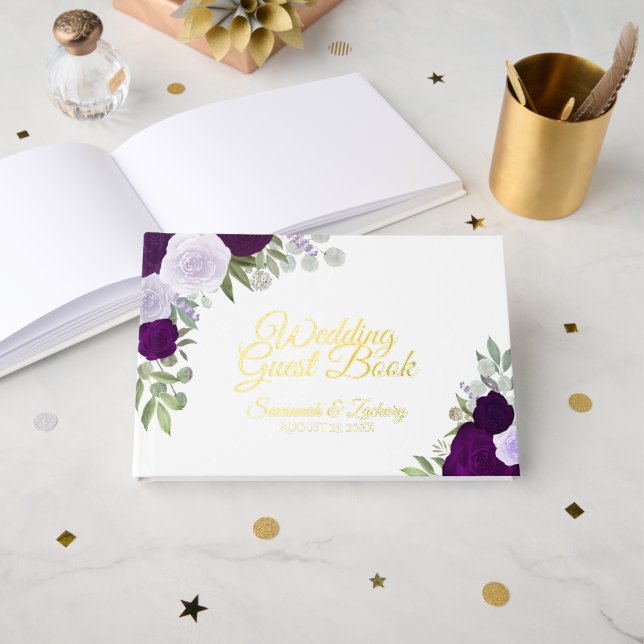 Elegant Purple Boho Chic Roses Small Wedding Guest Book (Front Open)