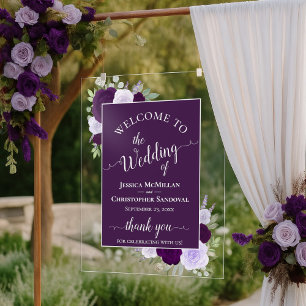 Elegant Purple Boho Chic Roses Wedding Welcome Acrylic Sign