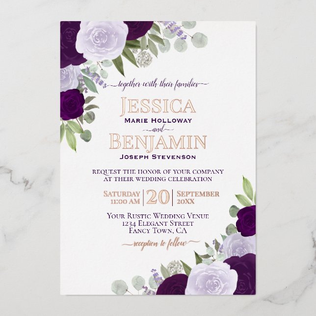 Elegant Purple Boho Floral with Rose Gold Wedding (Front)