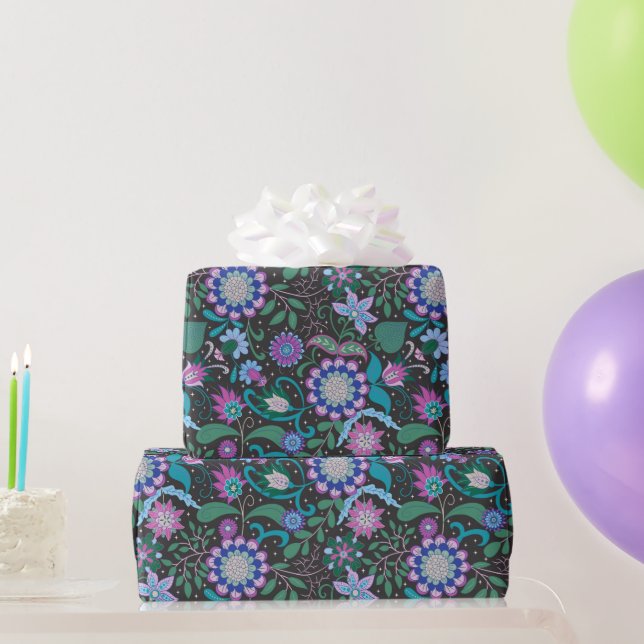 Elegant Purple Boho Flowers on Black Wrapping Paper (Party Gifts)