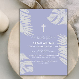 Elegant Purple Boho Leaves Cross Baptism  Invitation